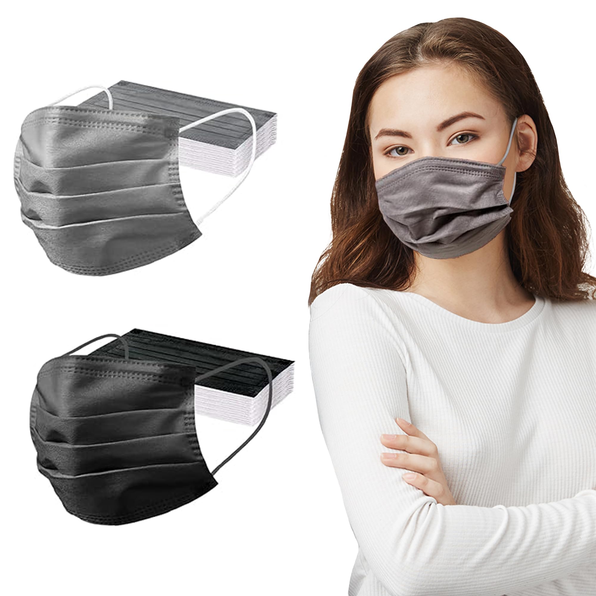 CBC Crown 3-Ply Disposable Protective Face Masks Earloop, Dust Filter Mouth Cover Black, Blue for Adult Men & Women