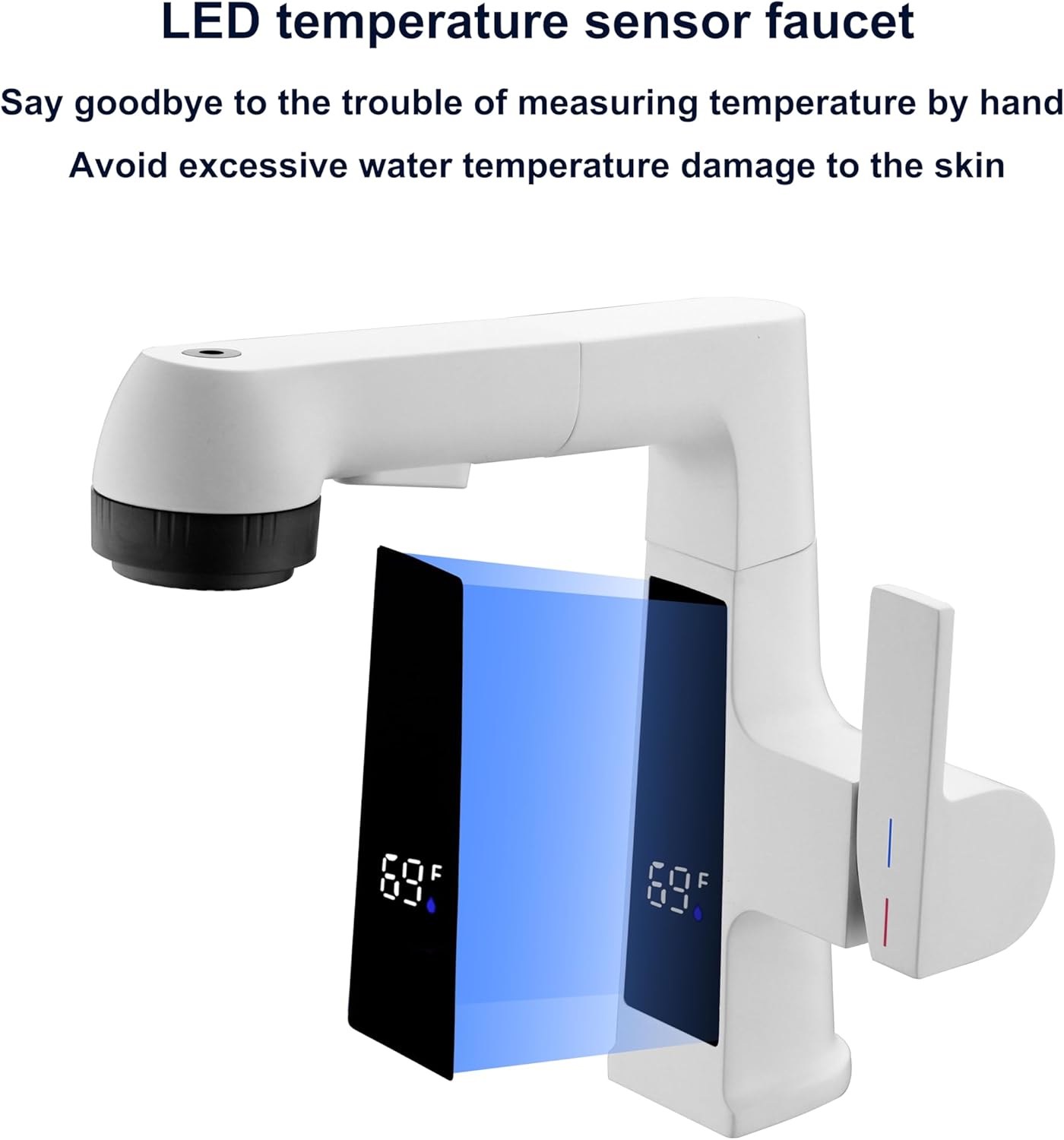 Qeemee LED Bathroom Faucet with Pull Out Sprayer, White Temperature Digital Display Sink Faucet 5 Water Flow Modes, Single Handle RV Bath Vanity Faucets for 1 or 3 Hole