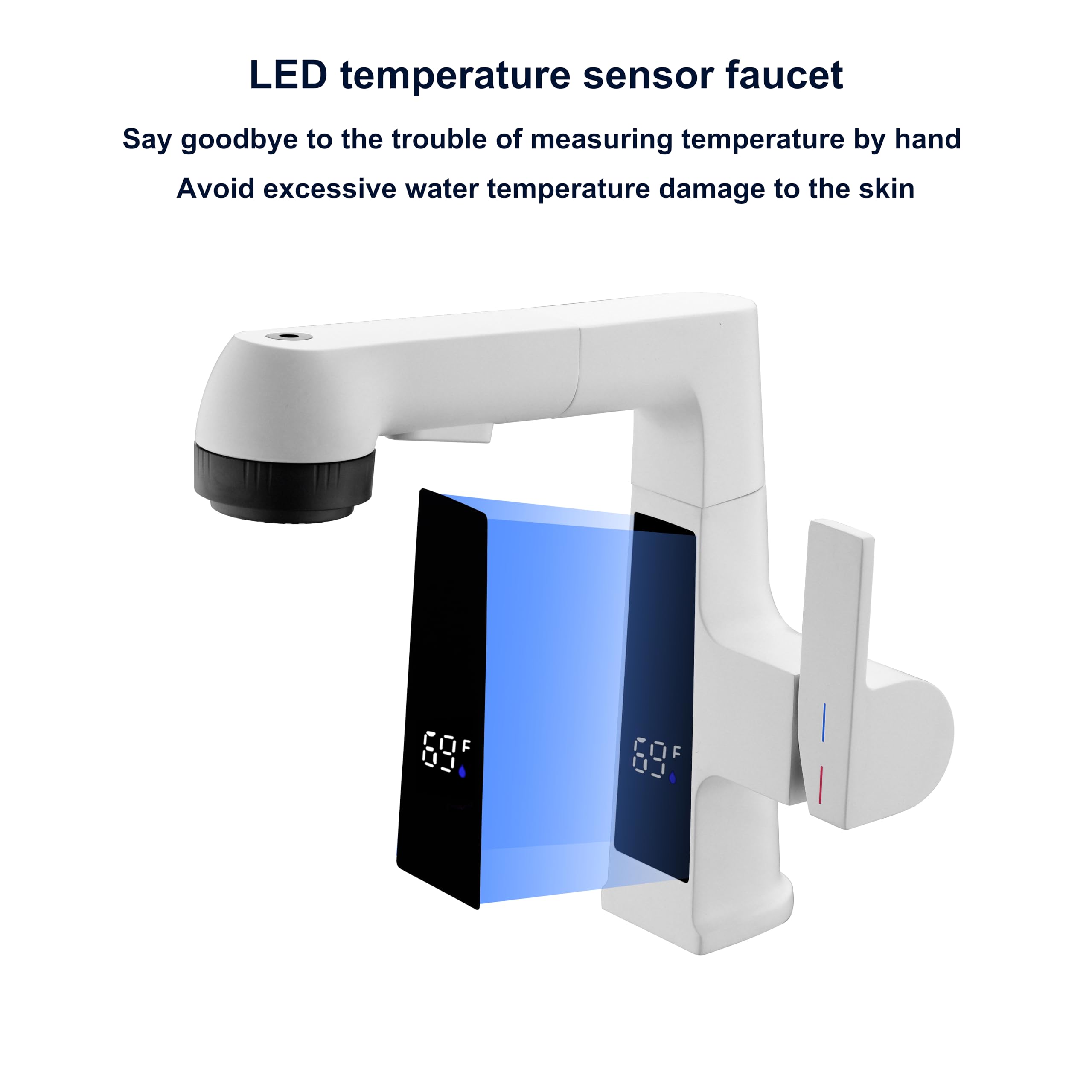 Inteligentna bateria umywalkowa LED z wyciąganym opryskiwaczem, cyfrowy wyświetlacz temperatury LED, bateria umywalkowa, 5 trybów przepływu wody z obrotową wylewką 360°, mosiężny pojedynczy