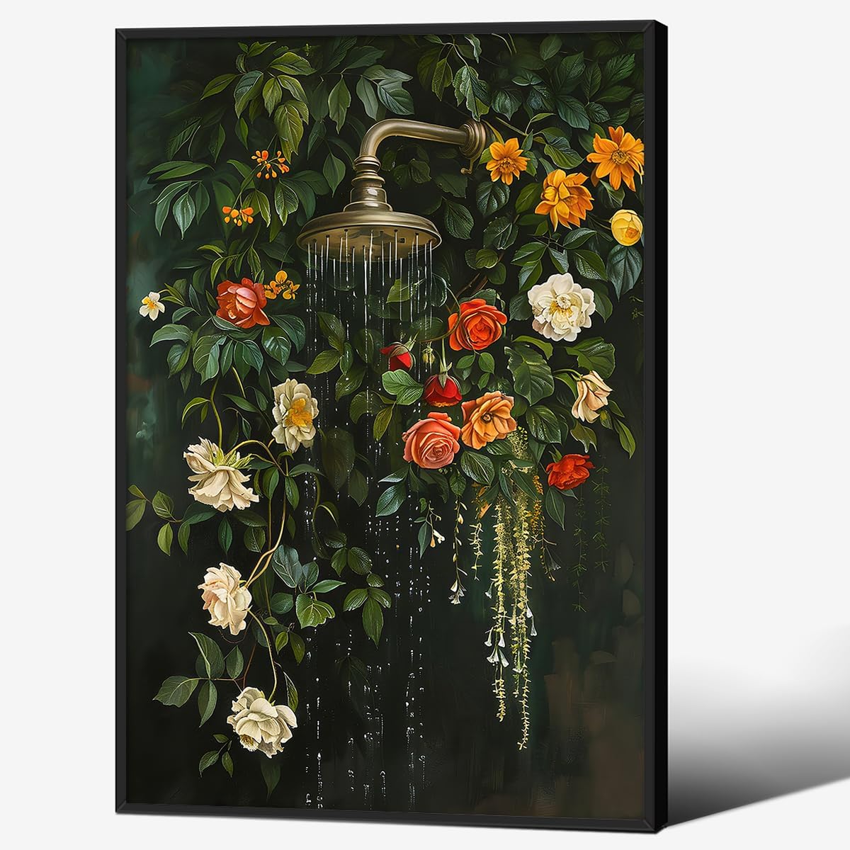 Dark Green Floral Bathroom Wall Art Vintage Flower Botanical Poster 16x24 inch Black Framed Moody Wildflowers Plant Canvas Prints Bath Shower Wall Decor for Rustic Restroom