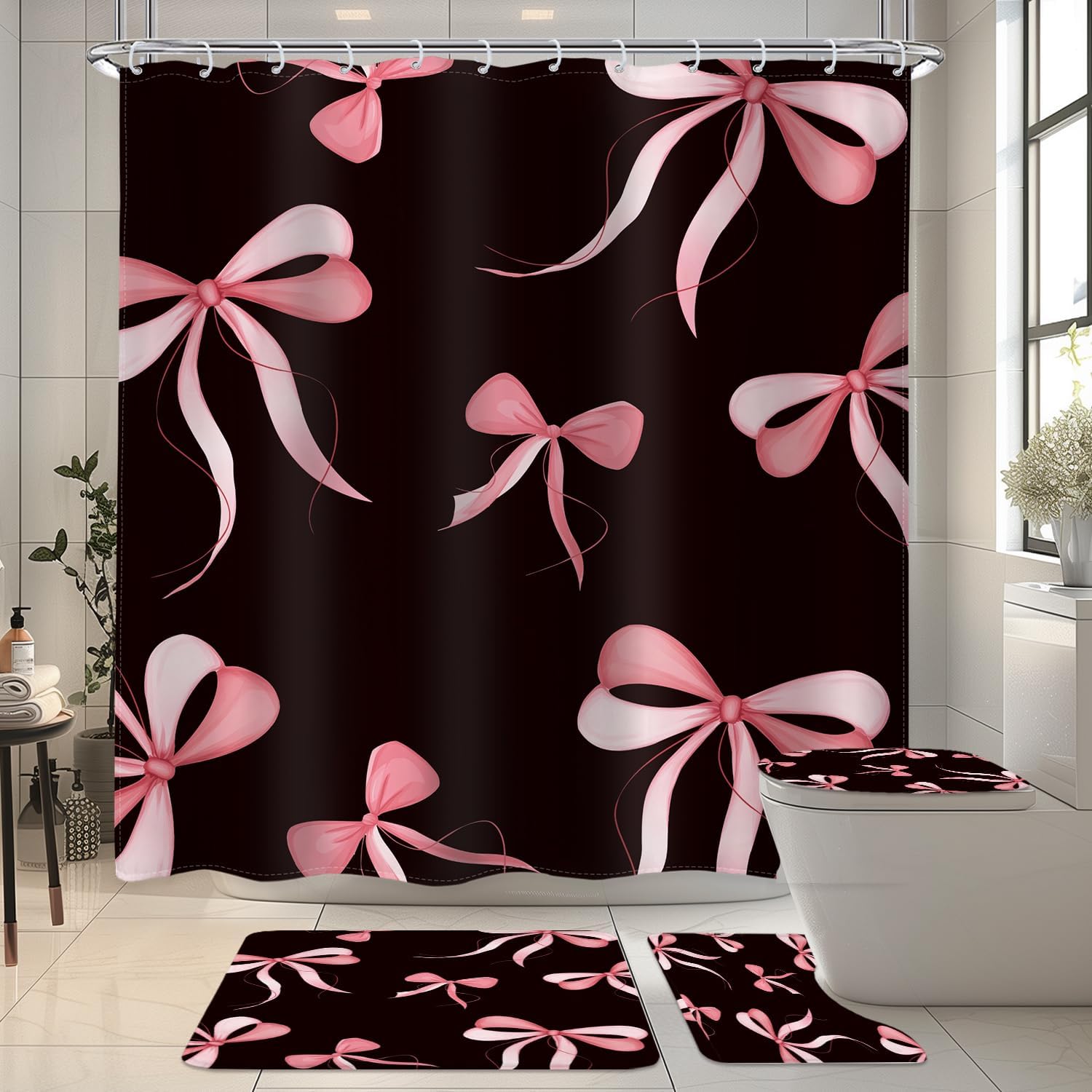 4 PCS Girly Black and Pink Ribbon Bow Shower Curtain Set 72Wx72H,Toilet Lid Cover,Non-Slip Rugs and U-Shaped Mat,Bathroom Sets with Rugs Shower Accessories 12 Hooks for Bathroom Decor