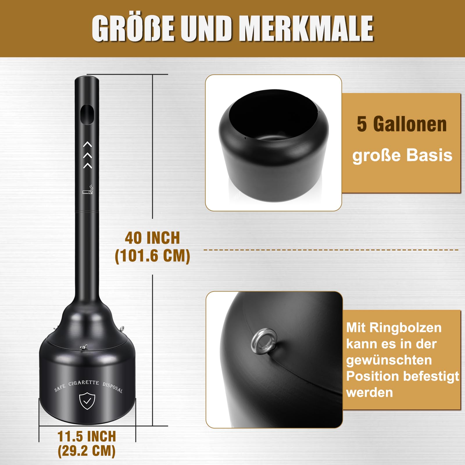 Glosaie Standaschenbecher für Draußen, Aschenbecher für Draussen, 29.2 × 101.6 cm 19 L Aschenbecher Outdoor für eine frische und saubere Umgebung, Schwarz, Receptacle
