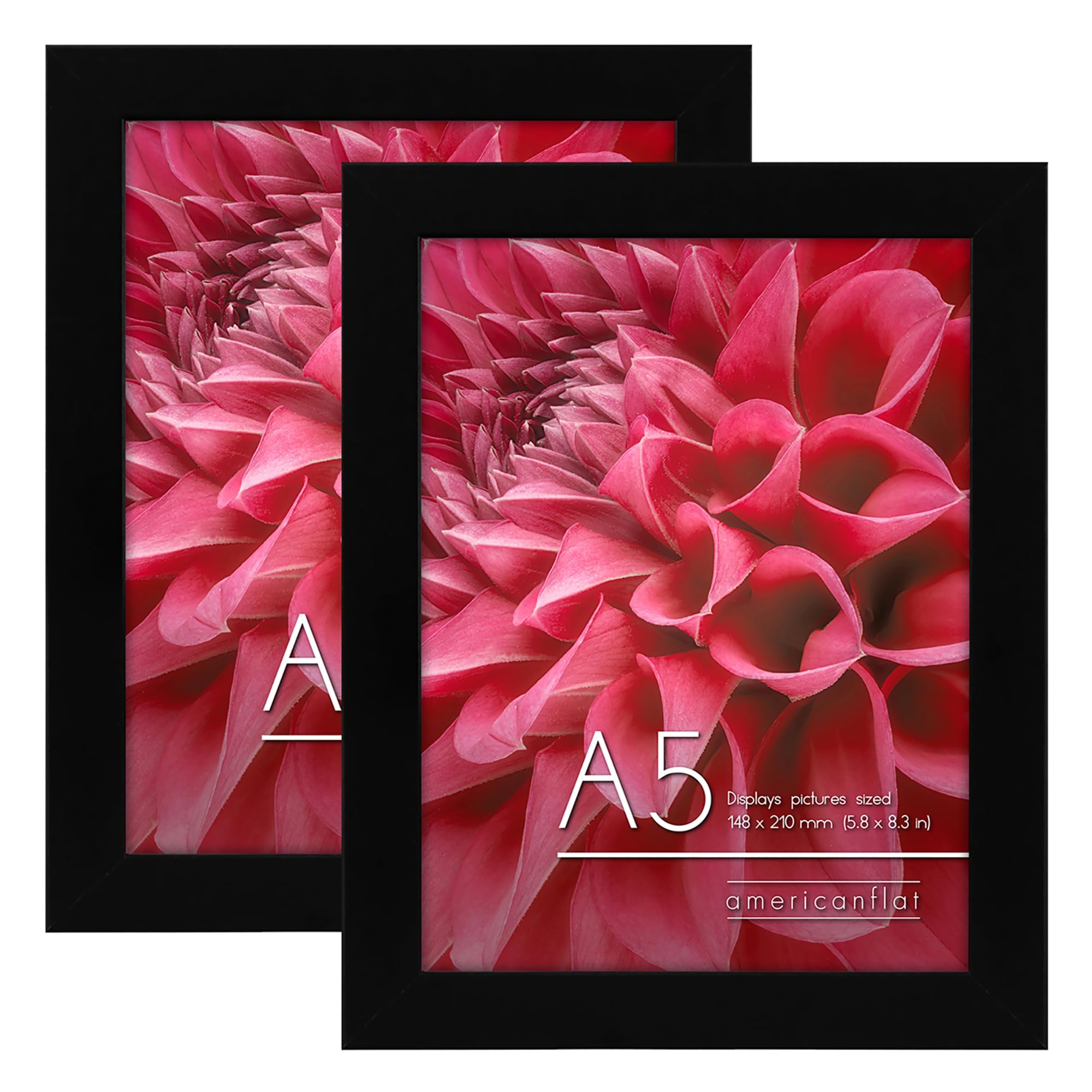 Americanflat A5 Picture Frames in Black - Set of 2 - Engineered Wood with Shatter Resistant Glass - Horizontal and Vertical Formats for Wall and Tabletop - 14.8x21 cm