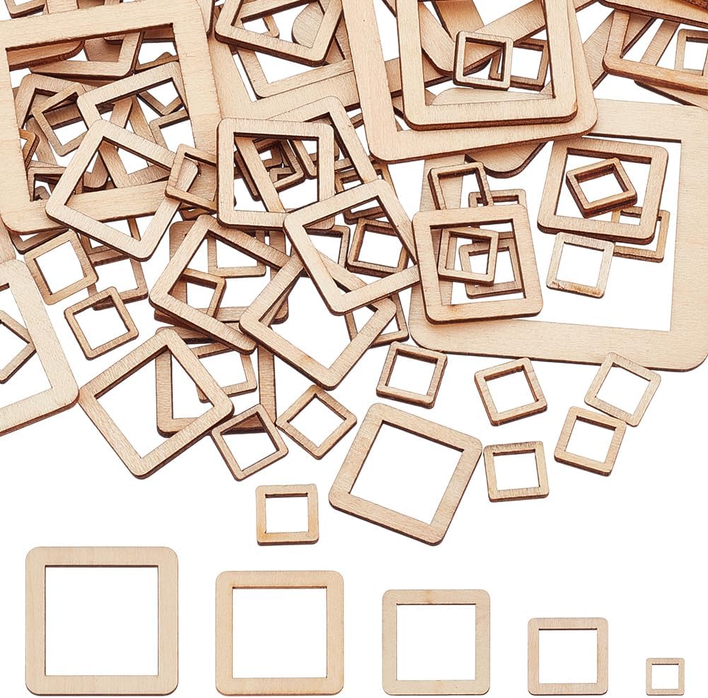 AHANDMAKER 105Pcs 5 Sizes Unfinished Wood Pendants Square Frames, Natural Wood Square Linking Rings Blank Wooden Frame Ornaments for DIY Crafts Earrings Making Home Decoration, 10/20/30/40/50mm