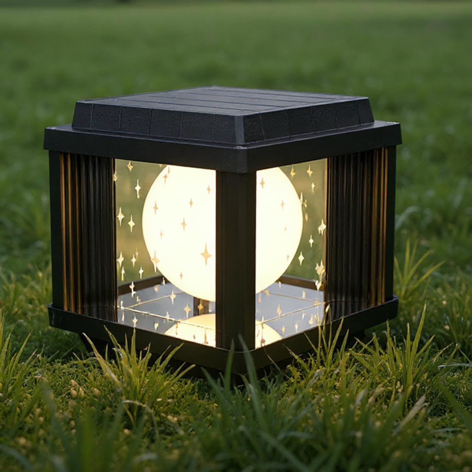 Solar Post Light, 7.87" Modern Outdoor Post Light, Solar Lamp Post Light Outdoor Waterproof with Star Pattern Shade, Dimmable LED Deck Pillar Lighting for Gate Deck Yard Garden Patio