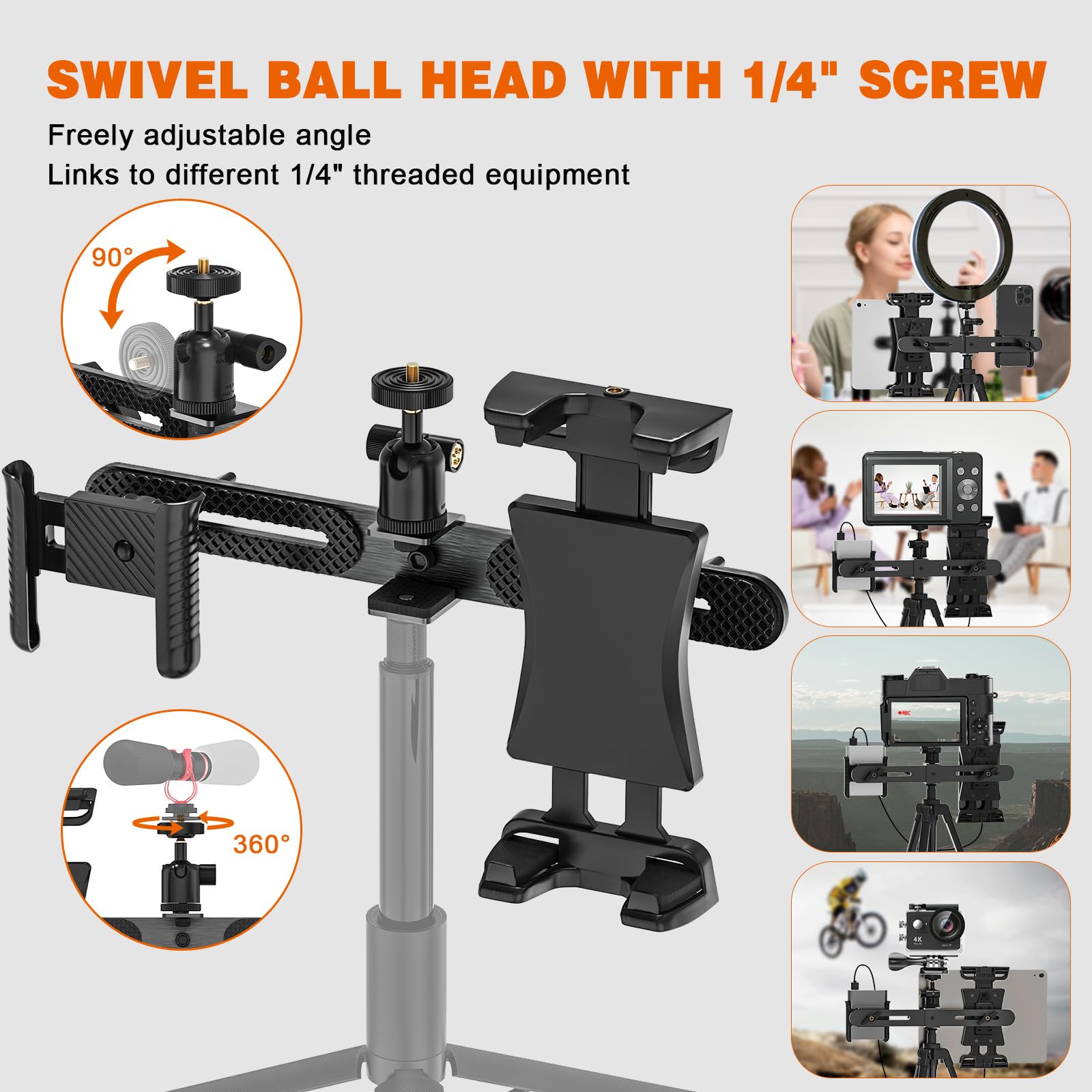 JUBORUI IPad & Tablet Stativhalterung Mit 2 Clips & 1/4" Kugelkopf – Schwenkbar, Für Geräte Von 4.7" Bis 12.9", Ideal Für Ringlicht & Videos