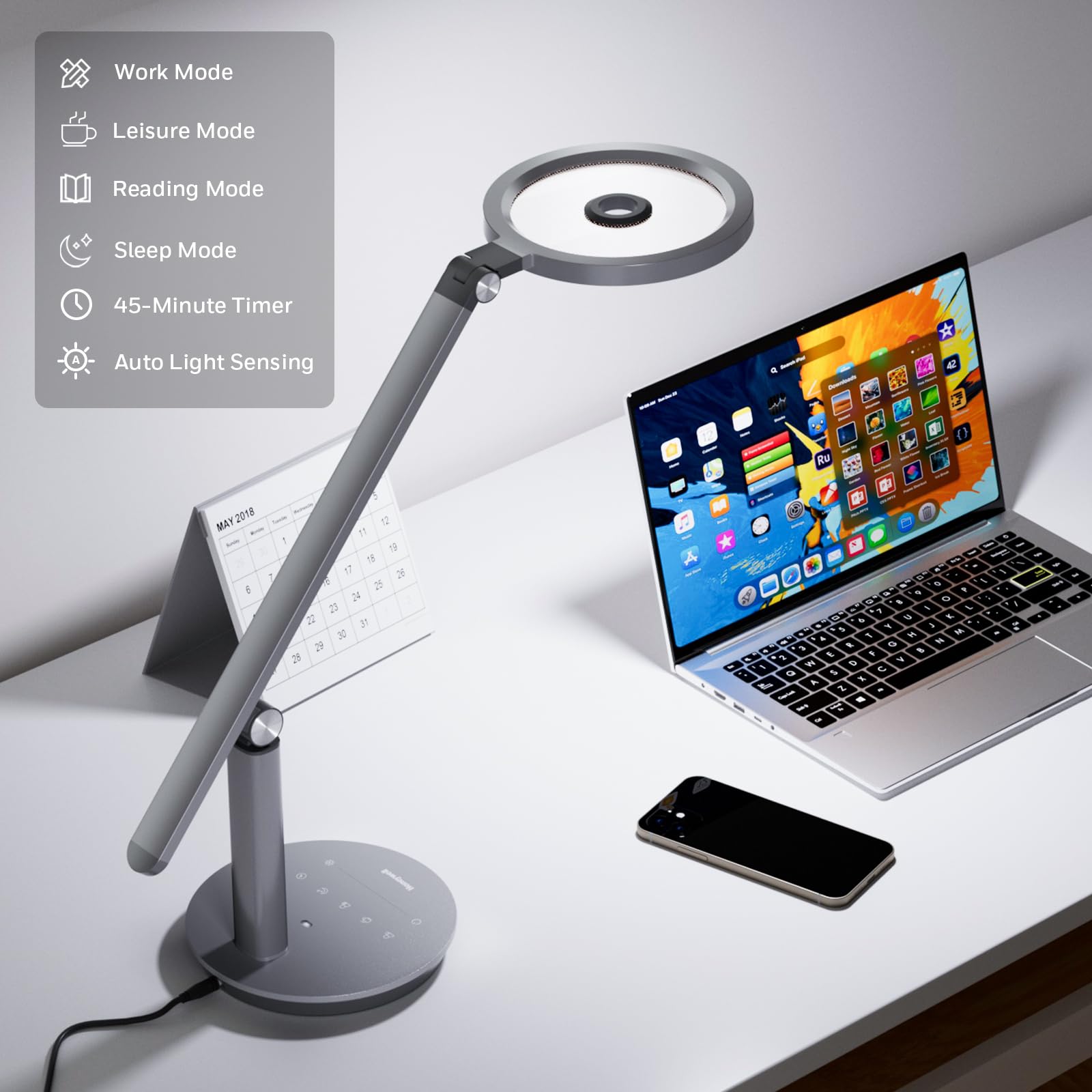 Honeywell H6 Lampada Da Scrivania LED, Lampada Dimmerabile, Grigio | Sunturalux CRI≥97, RG0 luce blu ridotta, senza sfarfallio, 800LM dimmerabile con timer per webcam, studio, ufficio e camera