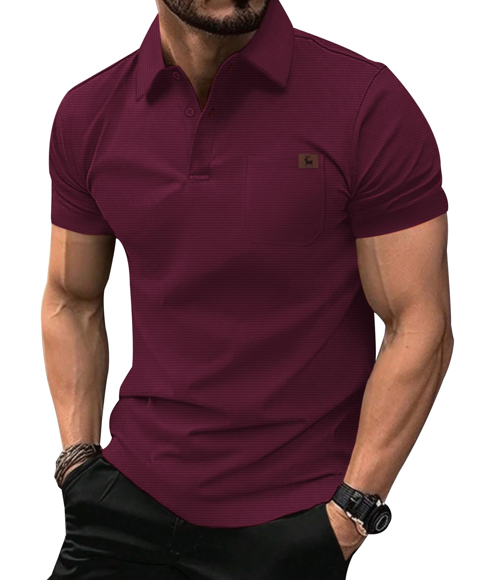 GEEK LIGHTING Mens Waffle Texture Polo Shirts Short Sleeve Casual T-Shirts Moisture Wicking Collared Golf Shirt with Pocket