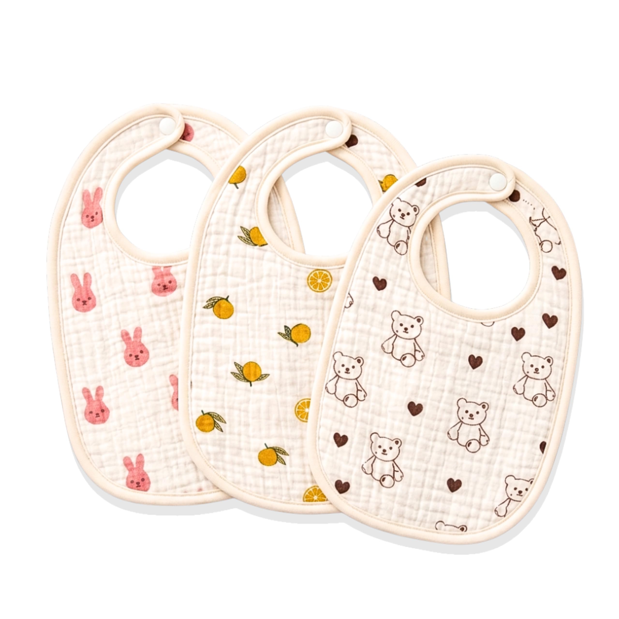 Muslin Cotton Baby Bibs Pack of 3 | 100% Pure Cotton 8-Layer Soft & Absorbent Feeding & Drool Bibs | Adjustable Snap Buttons | Breathable Cartoon Bibs for Babies 0–24 Months (DESIGN 3)-image-33