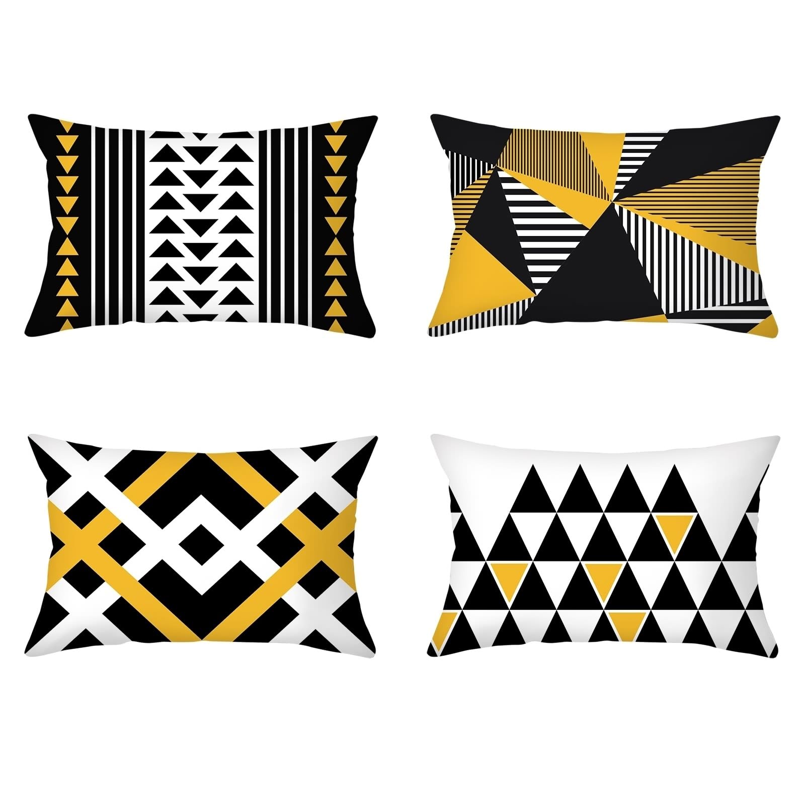 Housses de coussin douces 30x50 cm lot de 4 motifs triangles noir blanc et jaune