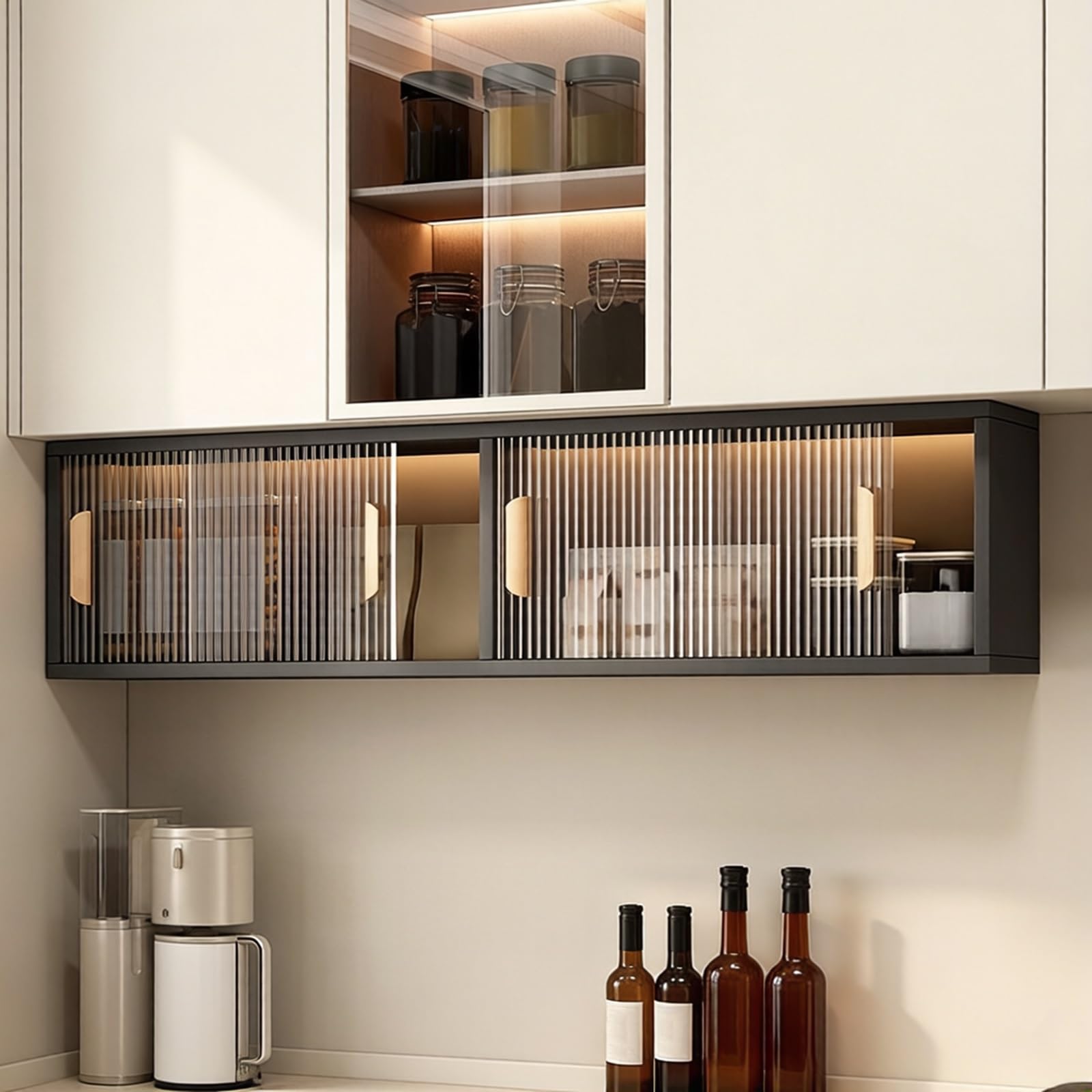Armadietto da bagno a parete con anta in acrilico, unità portaoggetti a nido d'ape in alluminio per cucina e bagno, galleggiante (nero, 120 x 22 x 30 cm)