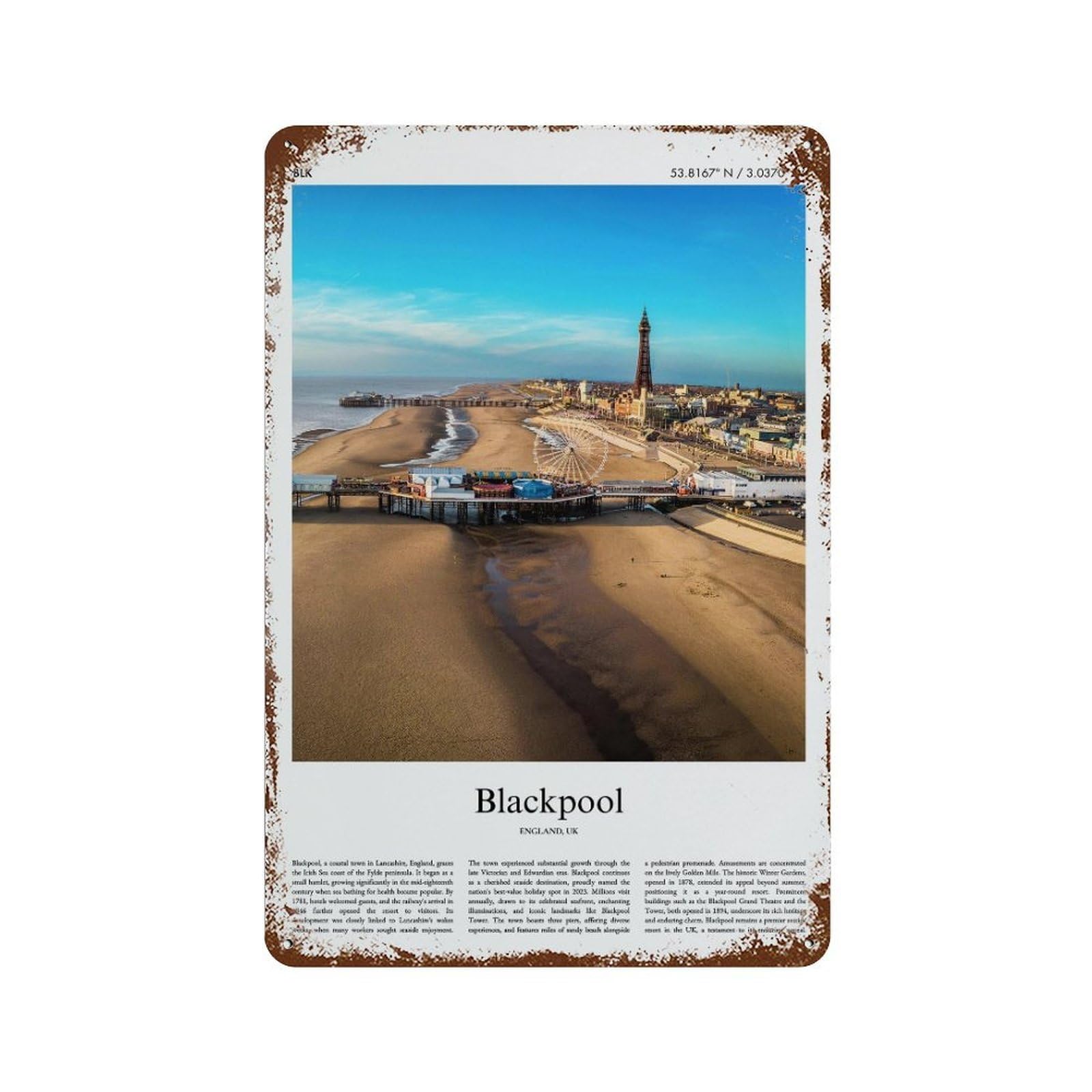 xiaoxiaoshen Blackpool United Kingdom City Scenery Wall Decor Art Metal Tin Poster Modern Home Decor Art Home Bar Shop Decorations Vintage Sign 30x20cm