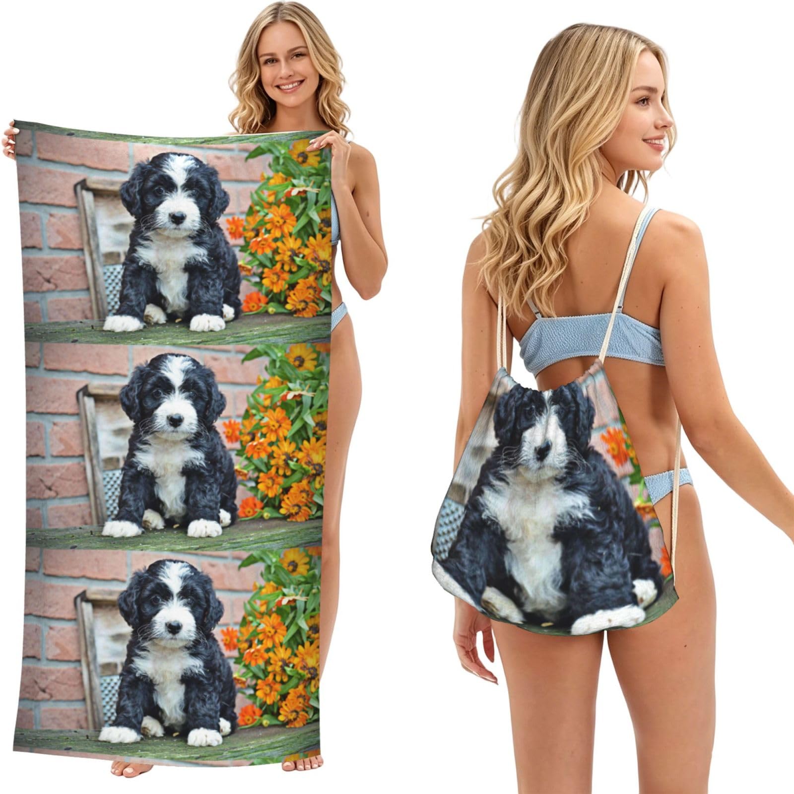 Poadnly As Picture Bernedoodle Flowers Puppy Pets Dogs Bernedoodle, 2 In 1 Packable Towel Bag, Beach Towels With Drawstring Backpack For Travel Holiday Camping