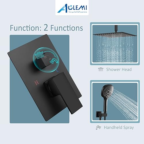Miniatura 4 de Aolemi Sistema de ducha de montaje en techo de 16 pulgadas, cabezal de ducha de lluvia negro mate con 3 funciones, rociador de mano ABS para baño,