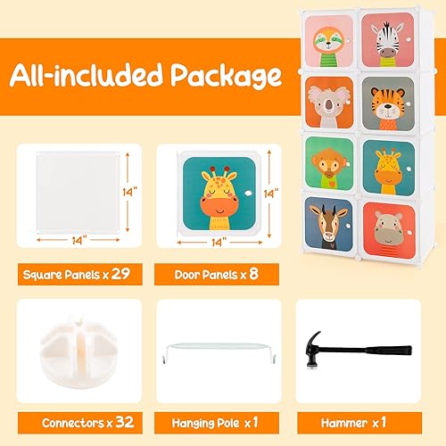 Miniatura 68 de HONEY JOY Armario para niños, organizador de almacenamiento de ropa de dibujos animados para bebés, 8 cubos y 2 secciones para colgar, armario