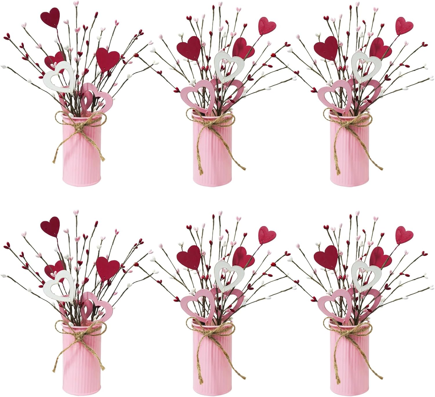 TORONTOKYO Valentines Day Decor, 6 Pack Valentine's Day Artificial Potted Plant Heart Shaped Valentines Day Picks with Berries Metal Pot for Home Office Table Centerpiece Decor