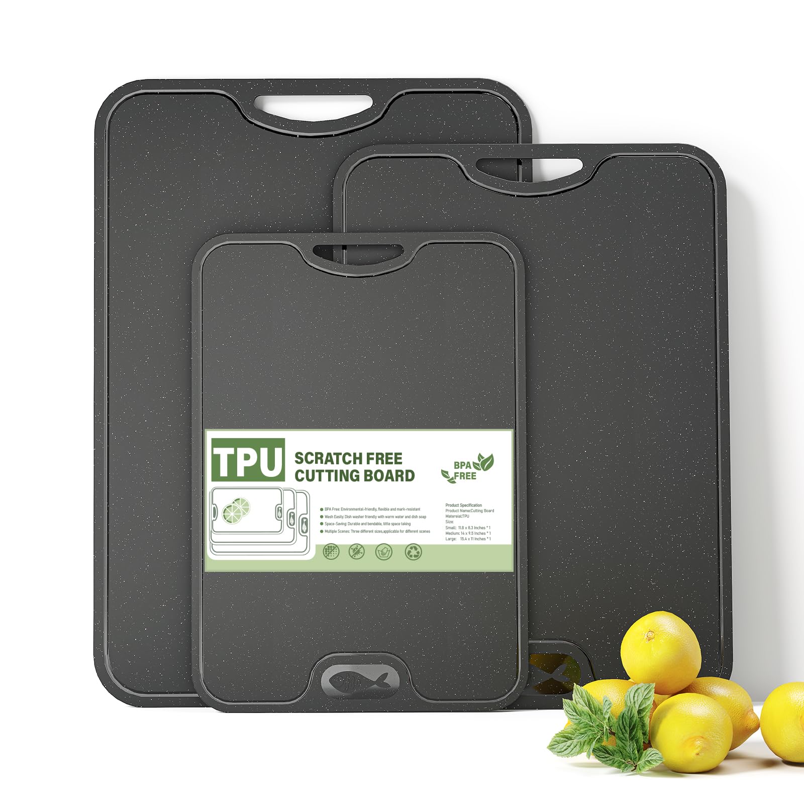 TPU Cutting Board for Kitchen, Safe Chopping Boards Set of 3, Non Slip Flexible Cutting Boards with Juice Groove, Knife Mark Resistant Chopping Mat, 2