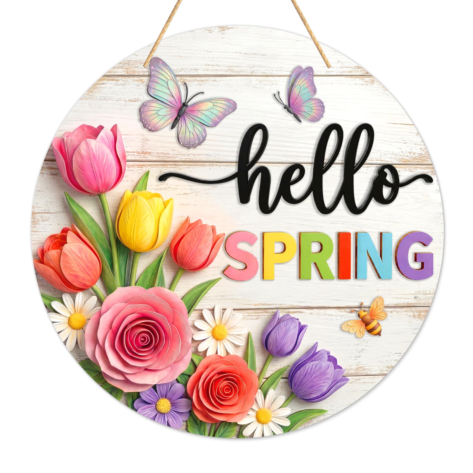 Hello Spring Door Sign - 11.5" Welcome Spring Decor Front Door Signs with Floral Print Farmhouse Porch Sign for Home Wall Hanging Wreath Butterfly Bee Easter Indoor Outdoor Decorations