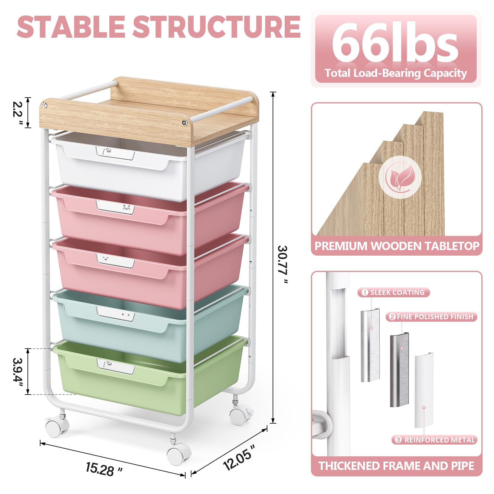SYKIARIOL Chariot à 5 tiroirs avec roulettes en plastique pour salle de bain - Chariot à outils et de rangement avec plan de travail en bois - Convient pour salle de bain, cuisine, salon, bureau