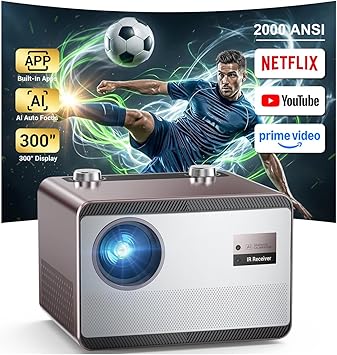 2000 ANSI Lumens Built-in Streaming App Full HD Smart Projector, HAPPRUN Native 1080P Movie Projector with Auto Focus, WiFi and Bluetooth, 300'' Large screen, Suitable for Home, Outdoor and Indoor