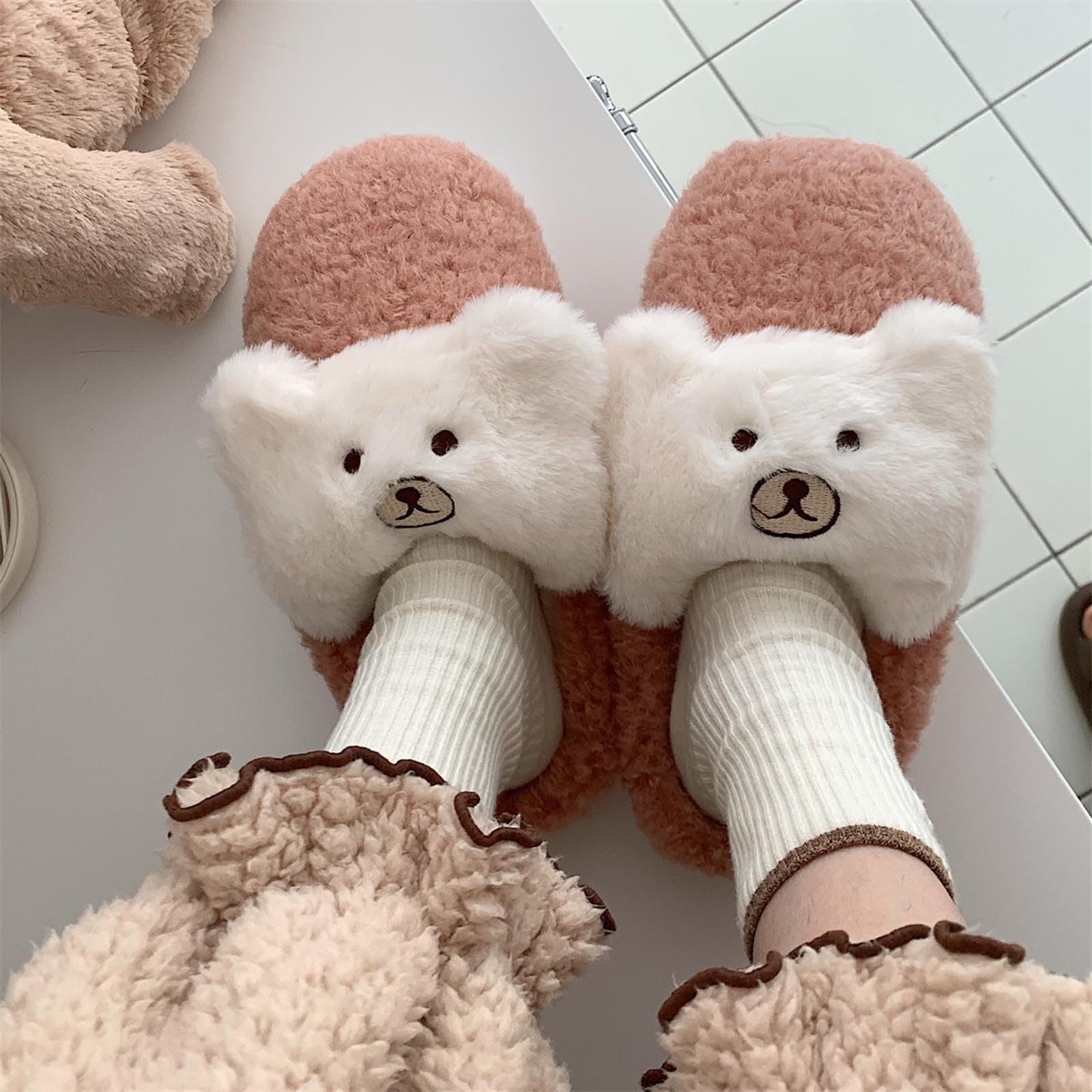 Pantuflas de mujer con diseño de oso y corazón