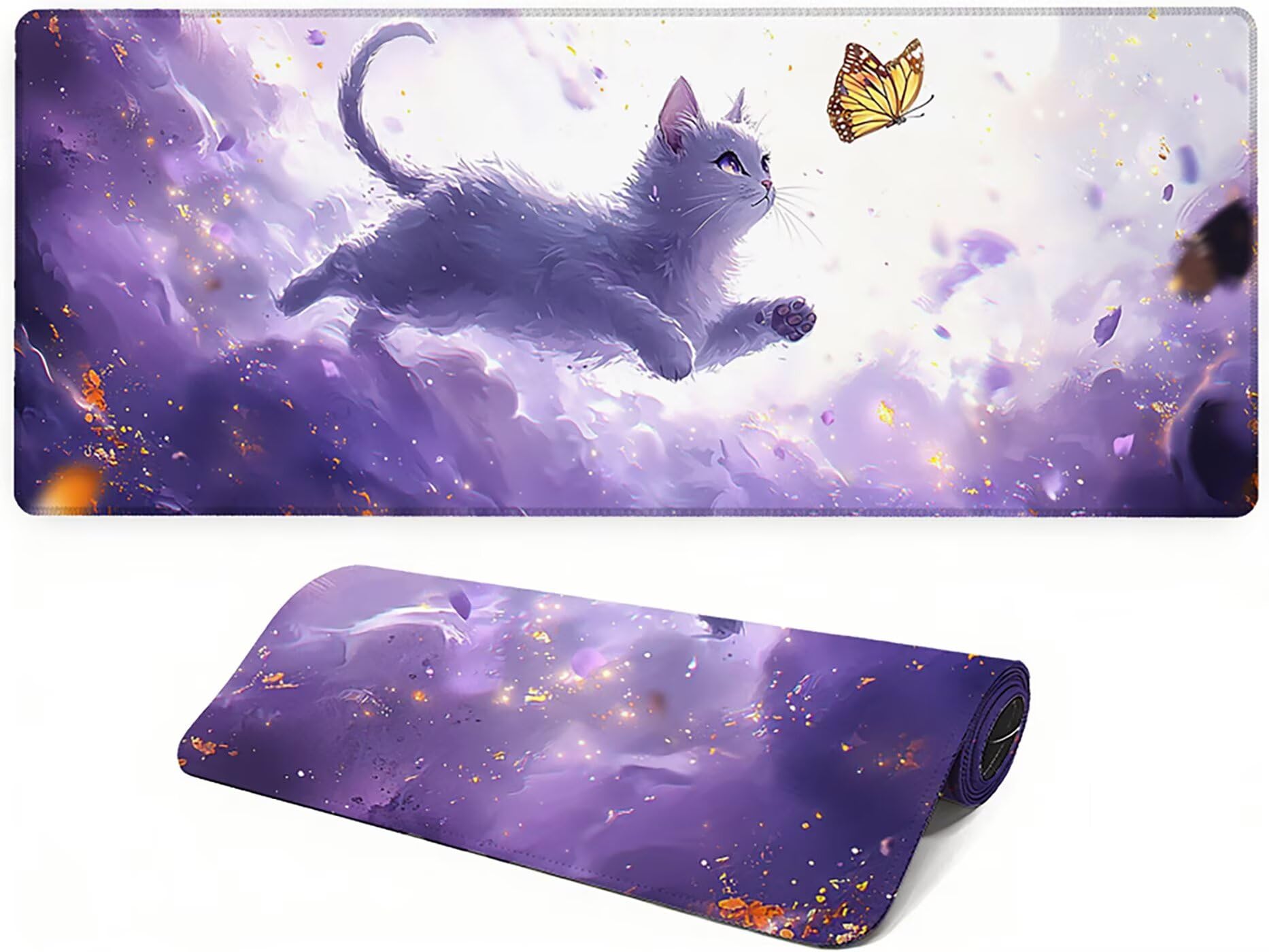 Lpfieonn Katze Großes Schreibtischunterlage, XXL Schreibtischunterlagen, Schmetterling XXL Wasserdicht Gaming Mousepad mit Vernähter Rand und Rutschfeste Gummibasis, für Hause/Büro 120x60cm PF-2825