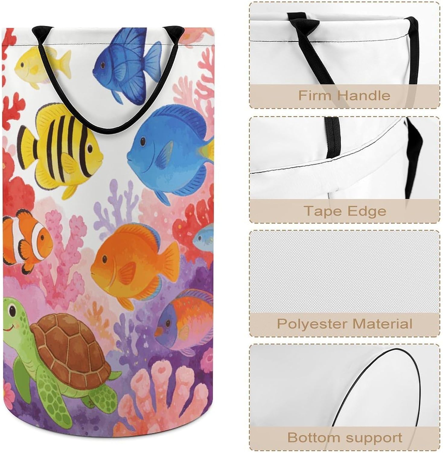 Sea Life Laundry Hamper with Handles Waterproof Collapsible Laundry Basket Large Lightweight Round Dirty Clothes Hamper for Home Dorm Bathroom Decor