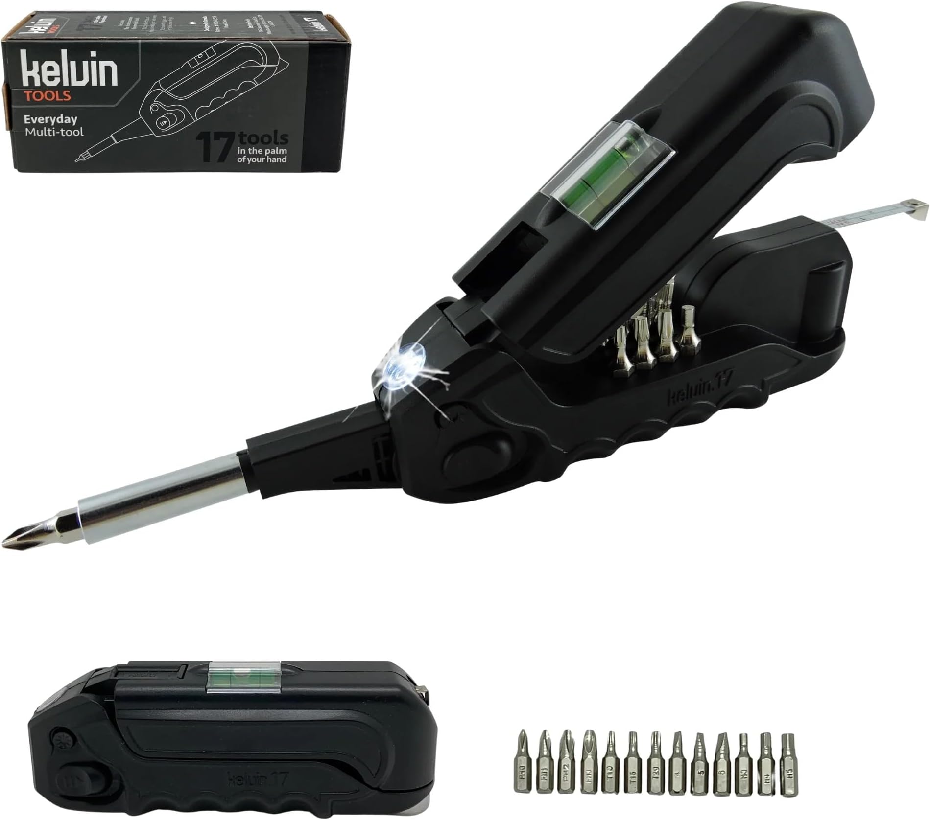 Kelvin Tools Kelvin17 | The Palm-Sized Everyday Multi-Tool Set | 17 Integrated Tools: 12 Bit Screwdriver Set, Tape Measure, Liquid Level, Hammer, and Flashlight (Black)