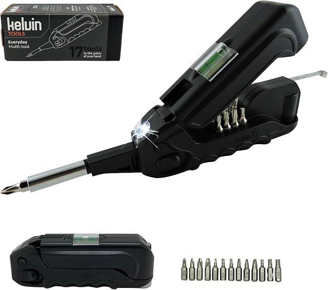 Kelvin Tools - Kelvin 17 Urban Screwdriver Set, All in One Everyday Multitool Screwdriver, Multi-Tip, Compact & Universal Precision, 13 Bit Set with Tape Measure, Liquid Level, Hammer and Flashlight