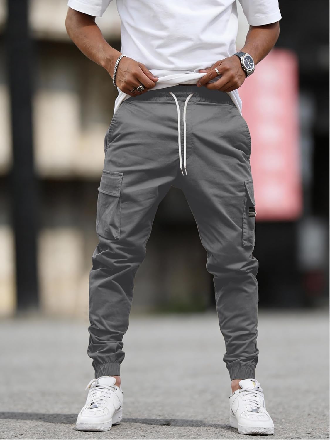 JEMLDL Mens Casual Cargo Joggers Pants—Pure Cotton Chino Pants Drawstring Hiking Outdoor Twill Sweatpants with Zipper Pocket - Image 3