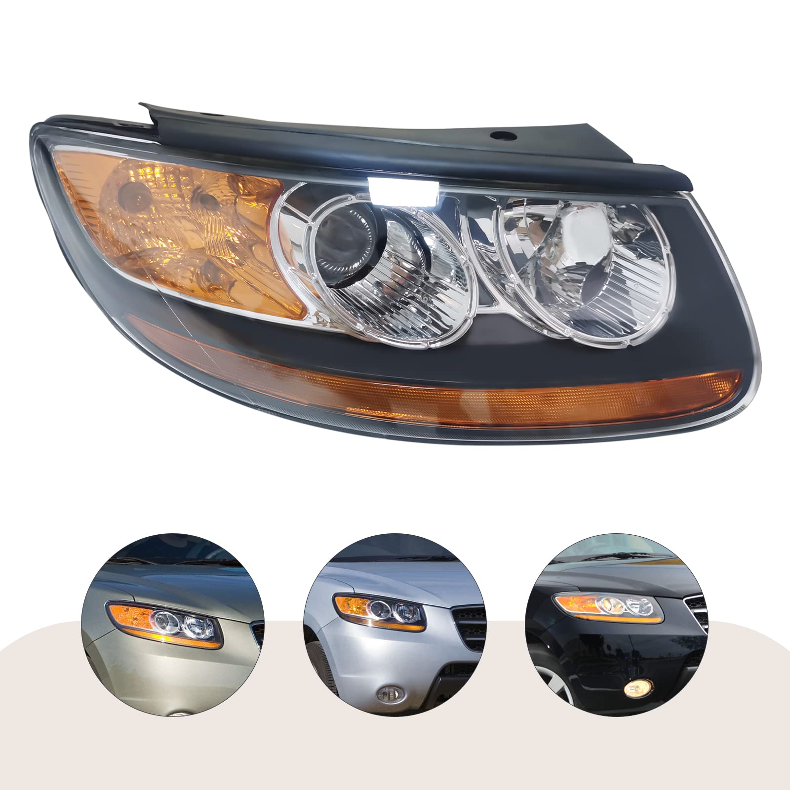 Passenger Side Headlight For 2007-2008 Hyundai Santa Fe - Halogen, Includes Bulbs, DOT/SAE