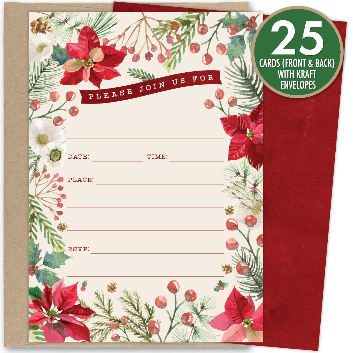 Koko Paper Co Christmas Invitations. Set of 25 Fill-in Invitations with Kraft Envelopes. Perfect for Holiday Parties, Dinners, Baby Showers or Other Events.