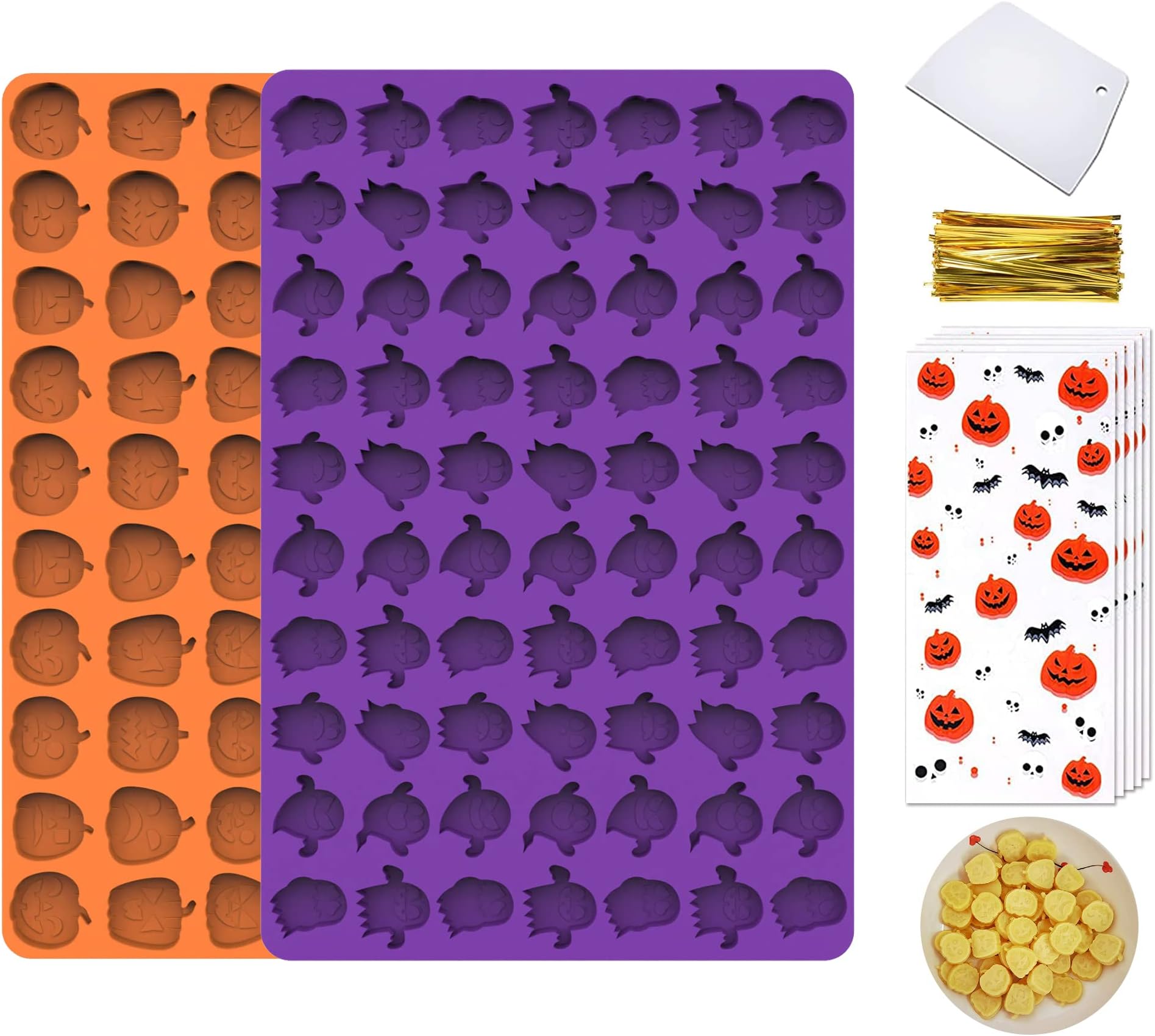 Pumpkin & Ghost Silicone Mold for Halloween Candy Chocolate, 130 Cavity Gummy Mold for Baking, Cookies, Pudding, Jelly, Biscuit, Ice Cube, with 50 Pcs Package Bags