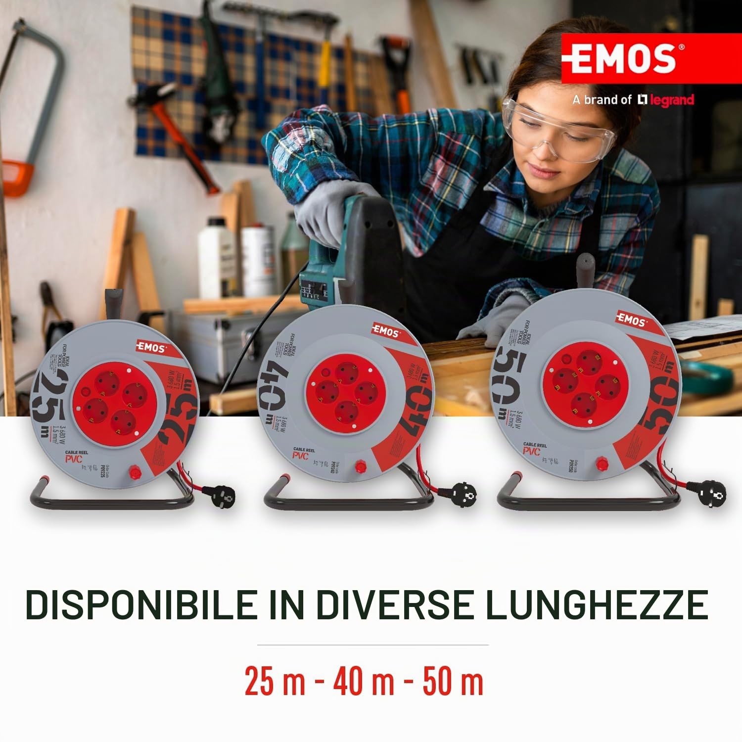 EMOS - Avvolgicavo 50 m - 4 prese Schuko - 230 V, 16 A, 3680 W - Isolamento in PVC di alta qualità - H05VV-F3G 1,5 mm2 - Protezione contro il surriscaldamento - IP20 per interni