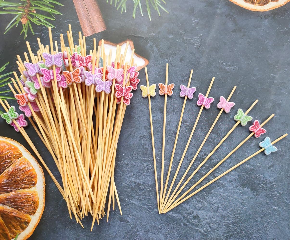 100 Pack Disposable Butterfly Bamboo Sticks, Long Wood Handmade Animal Toothpicks Bamboo Skewers, Snacks Dessert Cocktail Picks for Valentines Day Wedding Party Decoration (Multi-color)
