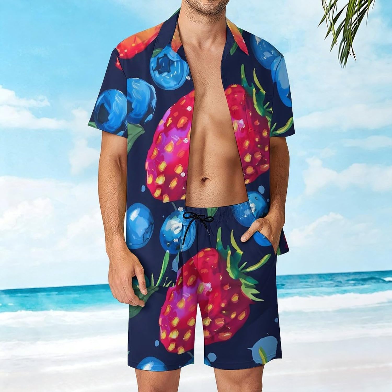 Hand Drawn Strawberry Blueberry Men's Summer Beach 2 Piece Outfits | hawaiian button down shirt and shorts,vacation cruise,mens bathing suit