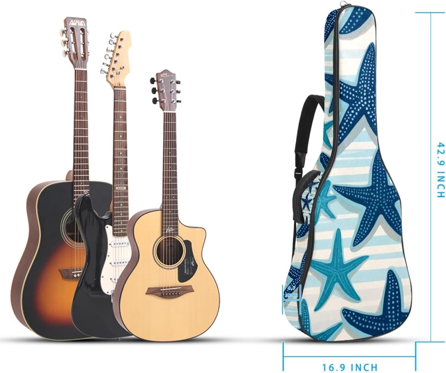 Acoustic Guitar Bag 0.4 Inch Thick Padding Waterproof Guitar Case Gig Bag for 40 41 42 Inch Electric Bass Classical Guitar, Navy Blue and Turquoise Sea Stars on Striped Background