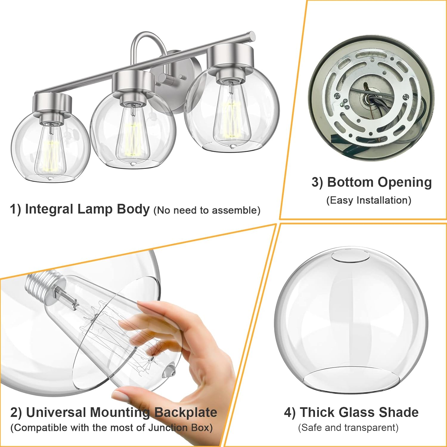 EAPUDUN 3 Light Bathroom Vanity Light, Brushed Nickel Bathroom Light Fixtures with Clear Glass Shade Wall Sconce, Porch Wall Lamp for Mirror, WLA1435-BNK