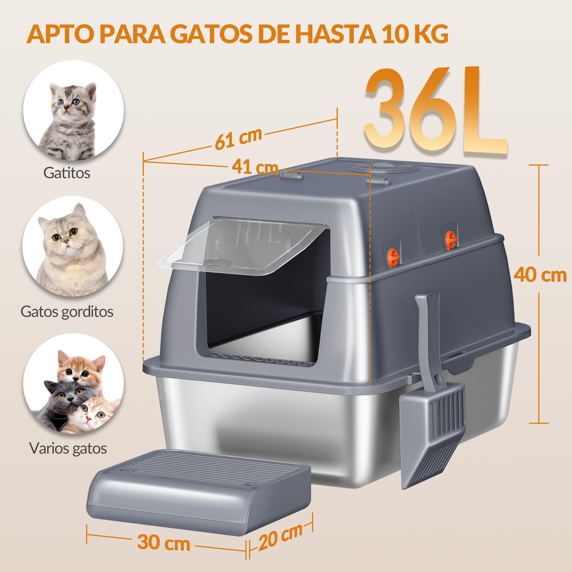 Arenero Acero Inoxidable Gatos XXL, 61 x 41 x 40 cm, Gris Oscuro | Arenero Cerrado para Gatos, con Tapa, Tapa con Bisagra de 180°, Pedal y Pala, Fácil de Limpiar, Diseño Modular FPLB203SG2