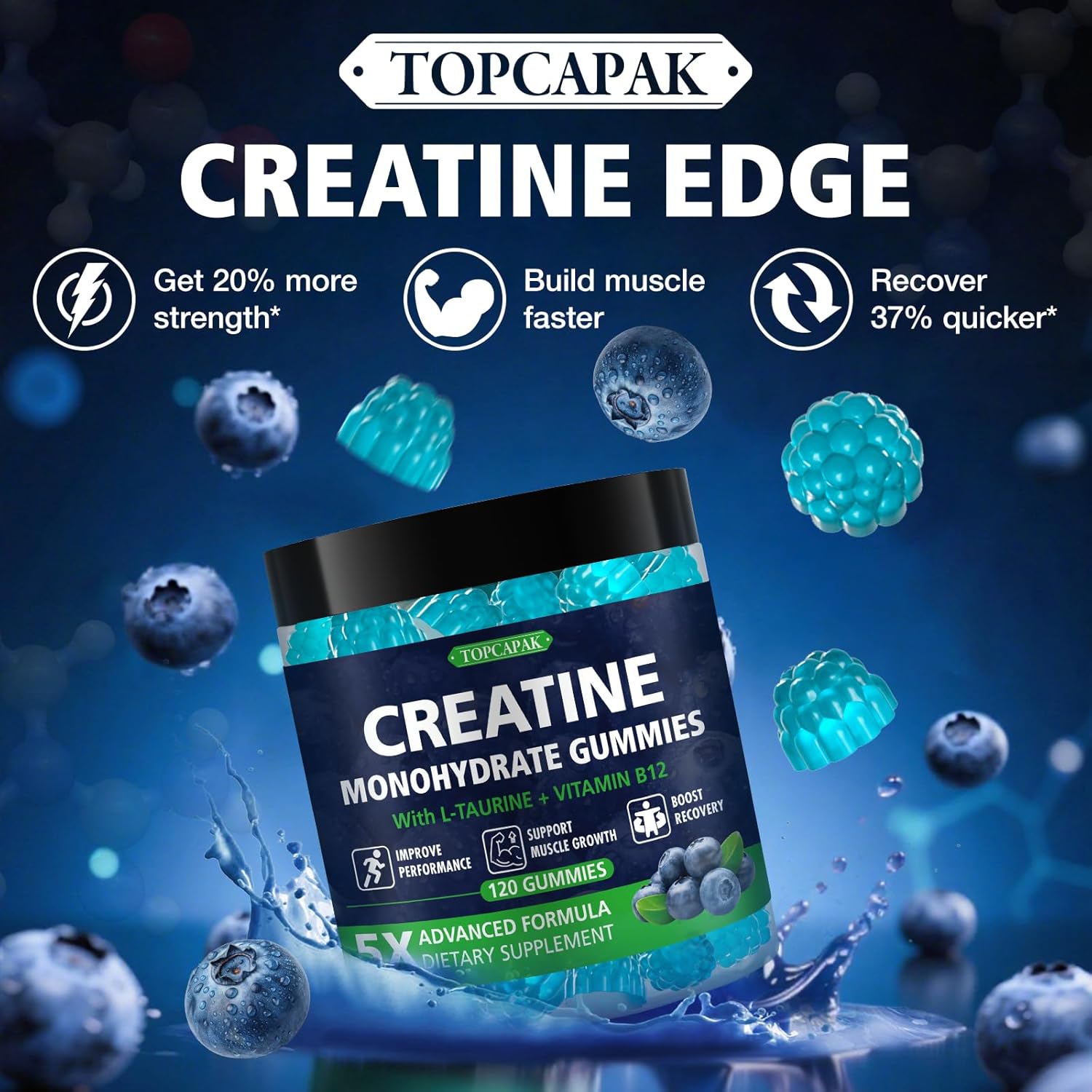 Creatine Gummies for Women & Men, Creatine Monohydrate Gummies Supplement, Pre-Workout Support, with Taurine & Vitamin B12, Blueberry Flavor Chewable Creatine Gummy, 120 Count