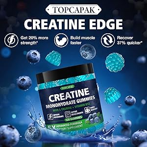 TOPCAPAK Creatine Monohydrate Gummies for Men & Women - Blueberry Flavor, Raspberry-Shaped - Chewable Creatine Gummy with Taurine & Vitamin B12, 5g Creatine per Serving, 120 Gummies