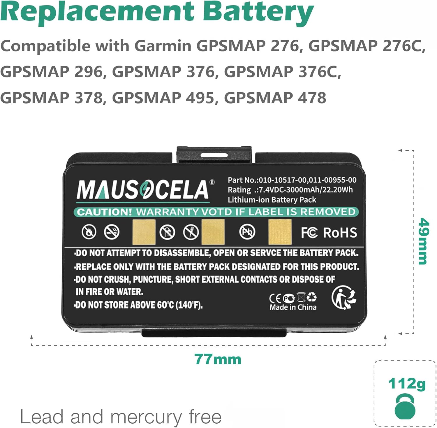 3000mAh GPS Replacement Battery, Compatible with Garmin GPSMAP 276, 276C, 296, 376, 376C, 378, 495, 478, EGM478, Part No: 010-10517-00, 010-10517-01, 011-00955-00