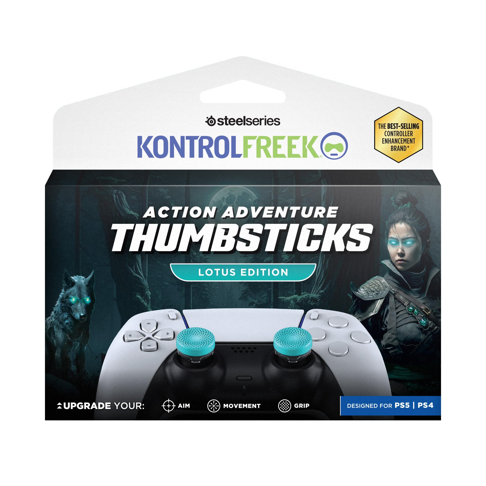 KontrolFreek Lotus Performance Thumbsticks for PS5 Controller & PS4 Controller | 2x Mid-Rise Concave Thumb Grips for Enhanced Grip & Control | The Original Performance Thumbstick - Teal&Clear