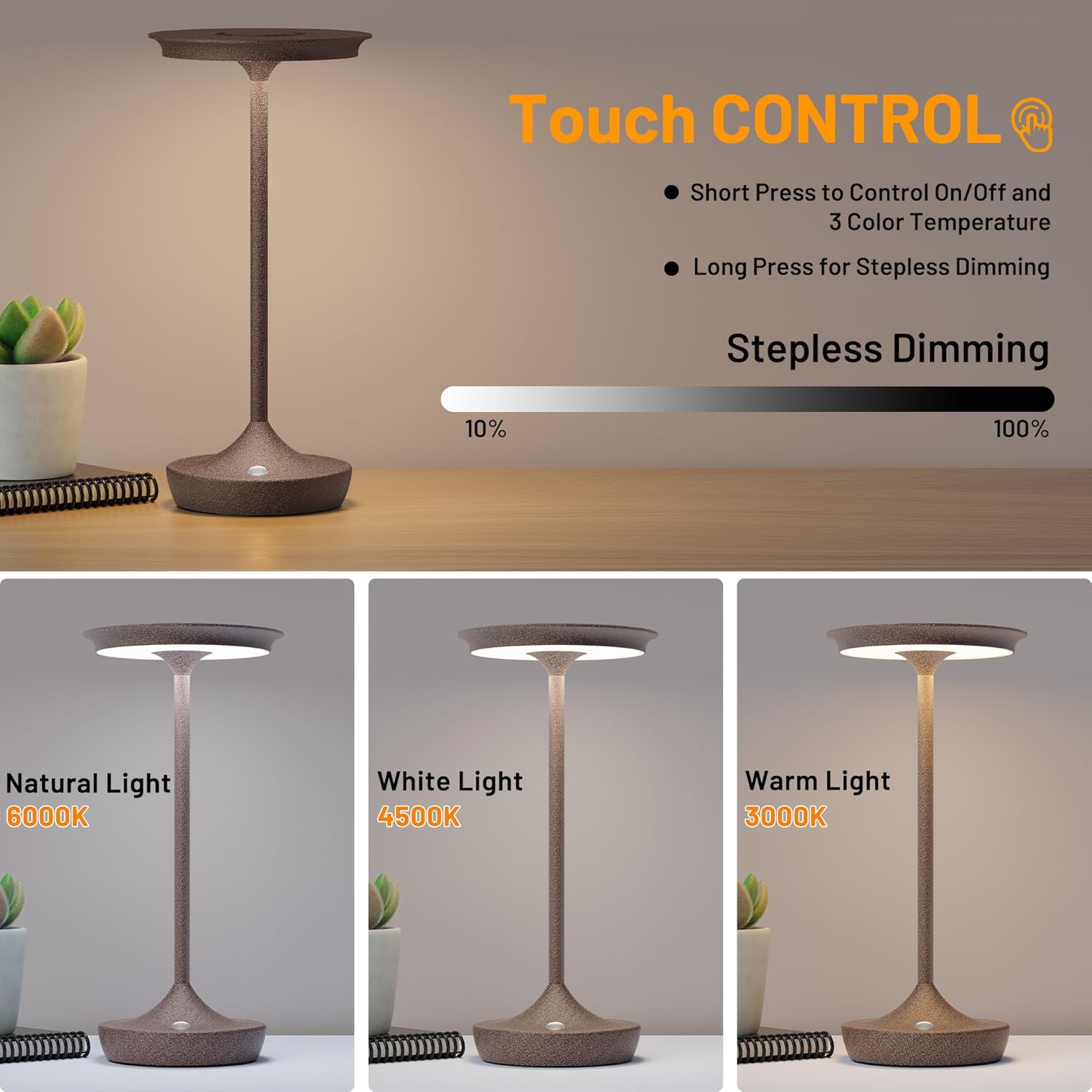 YHT Rechargeable Cordless Table Lamps, 6000mAh Battery Operated Portable LED Waterproof Lamps, 3 Color Stepless Dimming Light with Memory Function for Outdoor Dinning Patio Restaurant (Rust 2Pack)