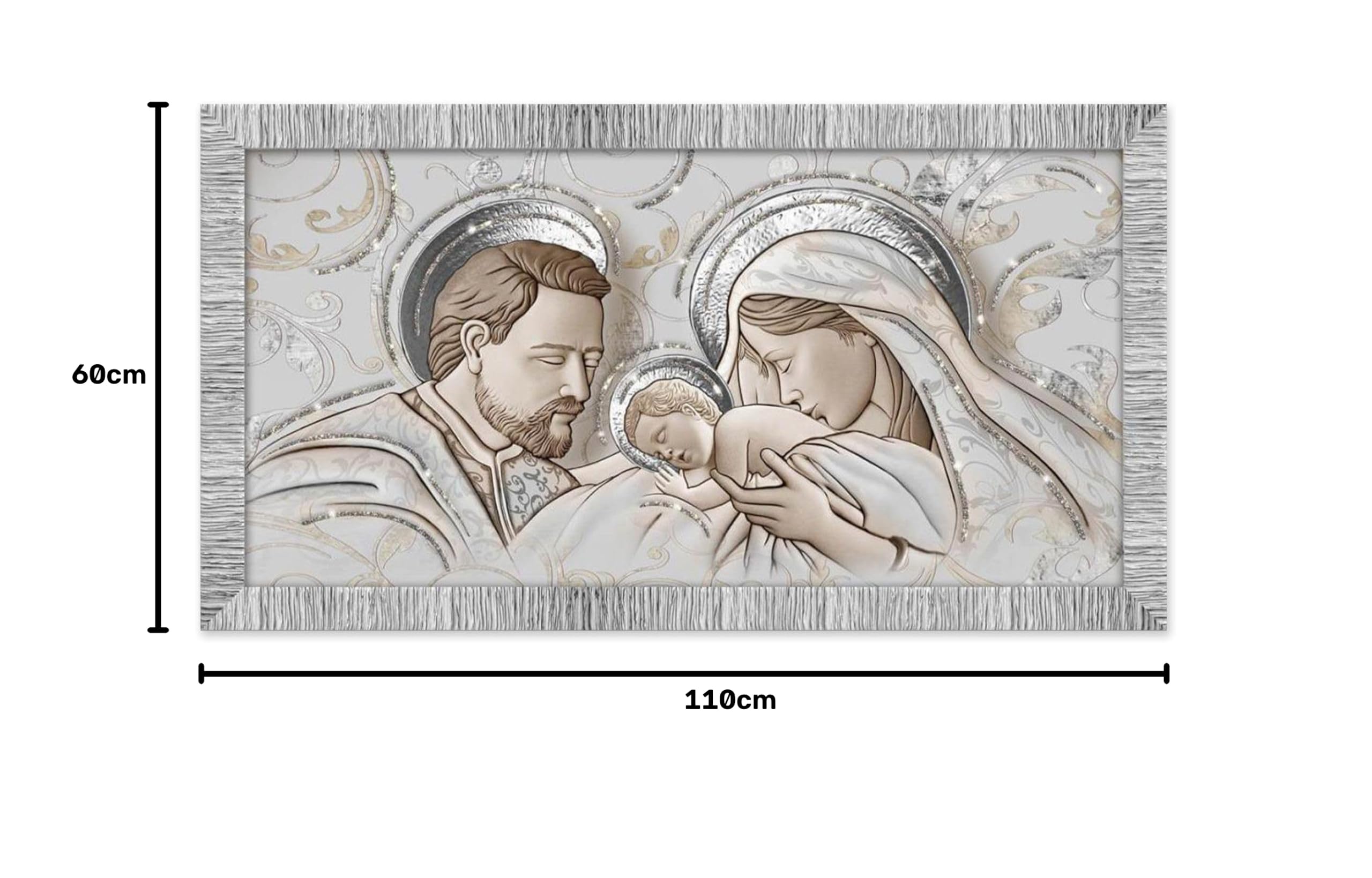 Lupia - Cuadro moderno The Kiss Ceramic Mix Sagrada Familia Juovy, decoración con purpurina, marco de madera estriada plateada, apto para dormitorio, salón y oficina, 60 x 110 cm, impresión sobre