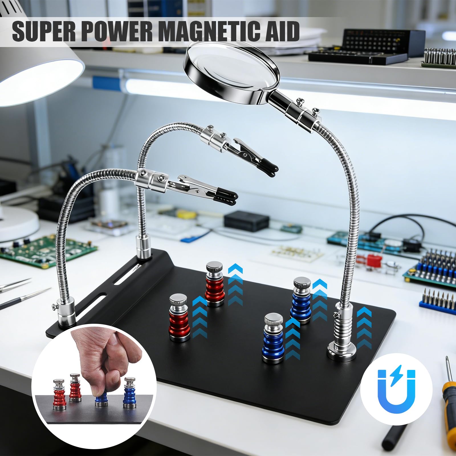 Dritte Hand Löten, Magnetische helfende Hand mit 4 PCB-Säulen Lötstation Helfende Hand mit 3X Lupe Löt-Leiterplattenhalter-Werkzeug für Lötarbeiten Elektronik Reparatur von Schmuck, Handwerk Entlöten