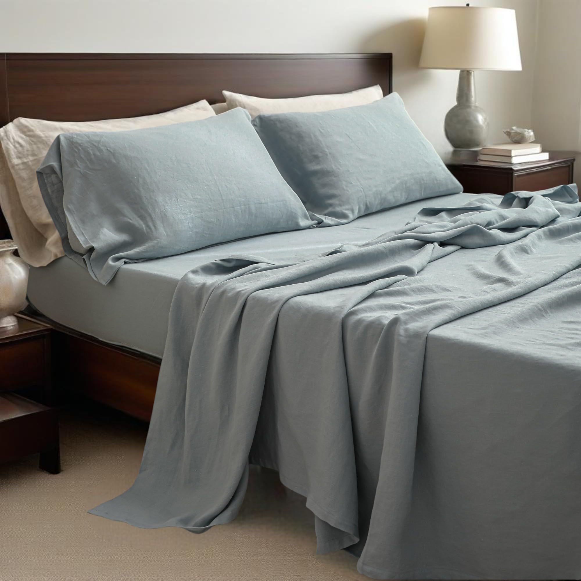 Simple&Opulence Set di lenzuola in 100% lino, in tinta unita, 4 pezzi di lenzuola in lino francese lavato (1 lenzuolo piano, 1 lenzuolo con angoli, 2 federe), set di biancheria da letto traspirante