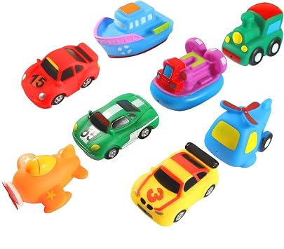 Keriber 8 Pack Floating Car Bath Toys Rubber Floating Boat Vehicle Aircraft Bath Toys Floating Squirt Bath Toy for Baby or Kids