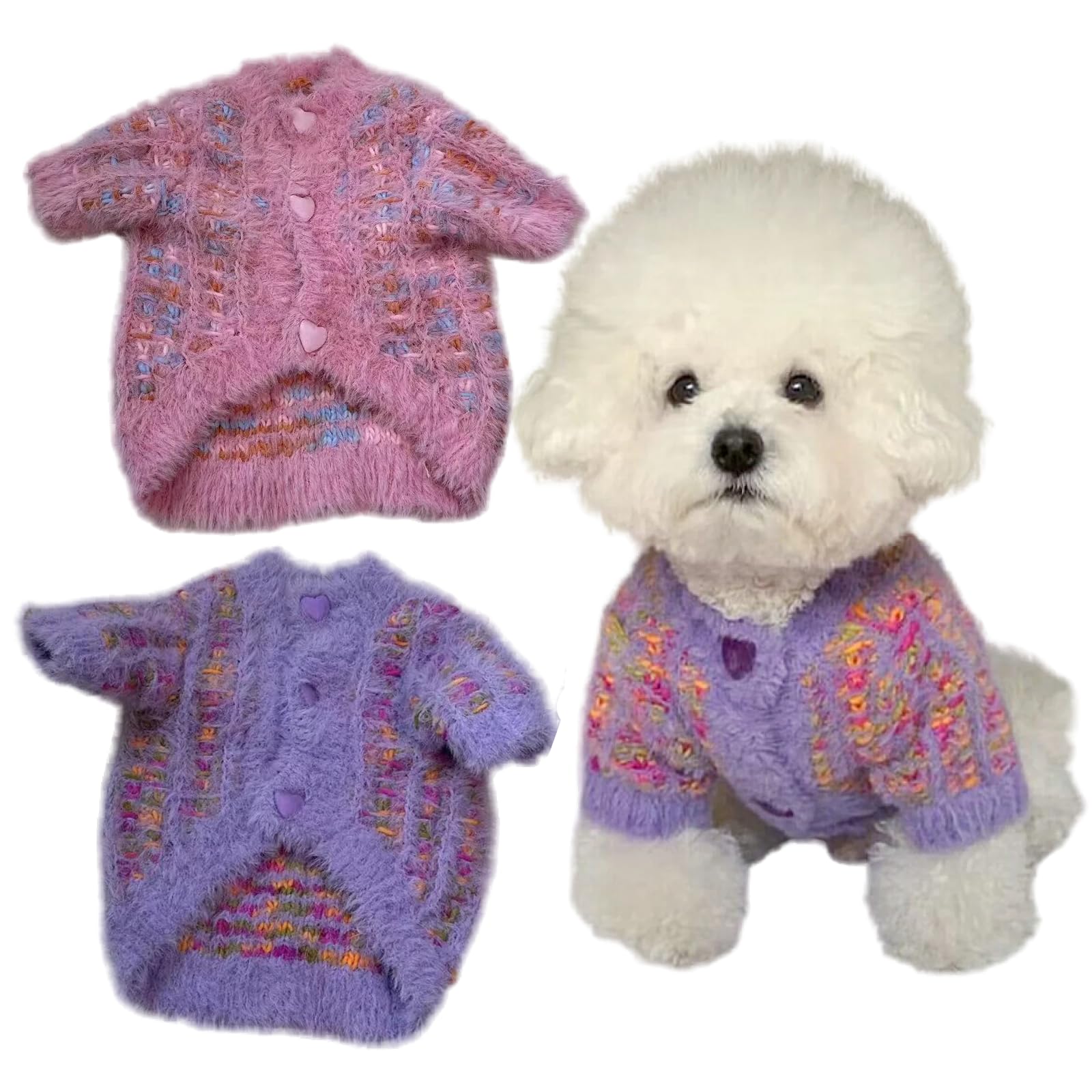 2Pcs Rainbow Cat Knitted Pullover Sweater with Sleeves Cute Kitten Turtleneck Knitwear Pet Apparel Warm Sweatshirt for Indoor Cats and Small Dogs (XL