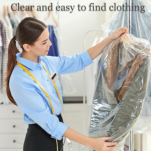 Miniatura 5 de Paquete de 100 bolsas de ropa para colgar ropa de 35.4 pulgadas, bolsas de plástico transparente para limpiar en seco, bolsas transparentes a prueba